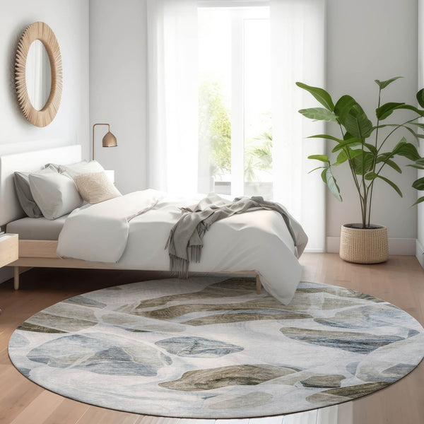 HomeRoots 5' Sky Blue and Taupe Abstract Area Rug - Stylish, Washable, Durable for Indoor and Outdoor Use 8' Round 623206