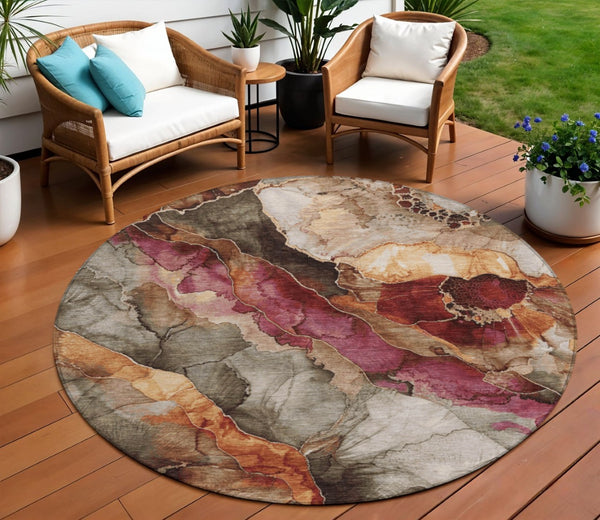 HomeRoots 5' Elegant Khaki and Blush Floral Washable Area Rug – Durable, Stain-Resistant for Indoor/Outdoor Use 8' Round 623218