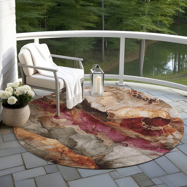 HomeRoots 5' Elegant Khaki and Blush Floral Washable Area Rug – Durable, Stain-Resistant for Indoor/Outdoor Use 8' Round 623218