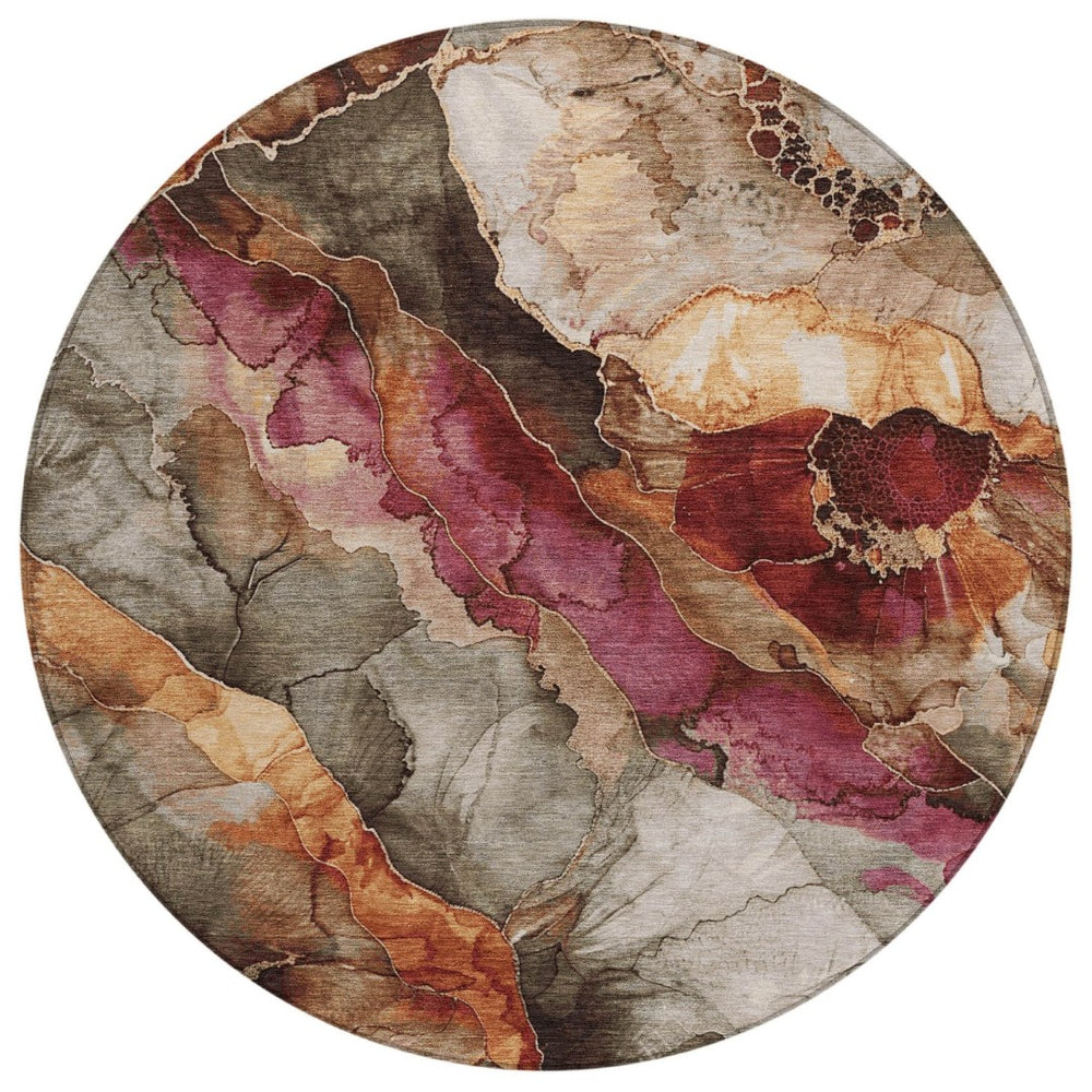 HomeRoots 5' Elegant Khaki and Blush Floral Washable Area Rug – Durable, Stain-Resistant for Indoor/Outdoor Use 8' Round 623218