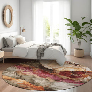 HomeRoots 5' Elegant Khaki and Blush Floral Washable Area Rug – Durable, Stain-Resistant for Indoor/Outdoor Use 8' Round 623218