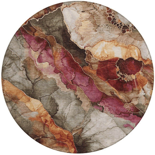 HomeRoots 5' Elegant Khaki and Blush Floral Washable Area Rug – Durable, Stain-Resistant for Indoor/Outdoor Use 8' Round 623218