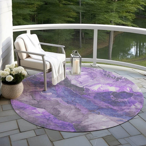 HomeRoots 5' Elegant Lavender and Ivory Floral Washable Area Rug for Indoor and Outdoor Spaces, Durable Design 8' Round 623224
