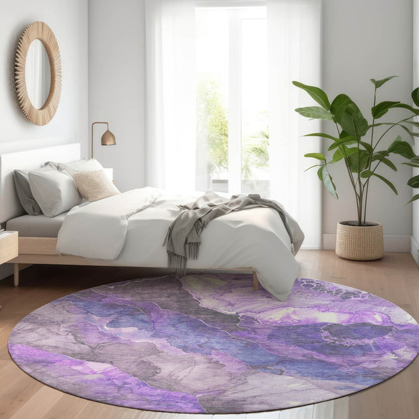 HomeRoots 5' Elegant Lavender and Ivory Floral Washable Area Rug for Indoor and Outdoor Spaces, Durable Design 8' Round 623224
