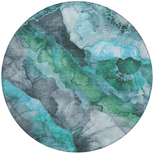 HomeRoots 5' Teal Blue and Ivory Floral Area Rug – Stylish, Durable, Machine Washable for Indoor/Outdoor Use 8' Round 623230
