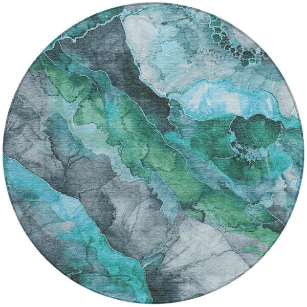 HomeRoots 5' Teal Blue and Ivory Floral Area Rug – Stylish, Durable, Machine Washable for Indoor/Outdoor Use 8' Round 623230
