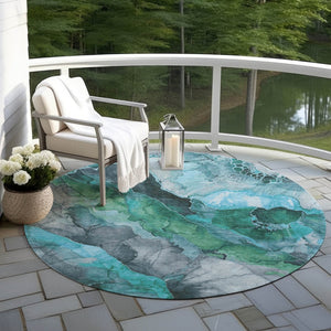 HomeRoots 5' Teal Blue and Ivory Floral Area Rug – Stylish, Durable, Machine Washable for Indoor/Outdoor Use 8' Round 623230