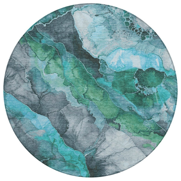 HomeRoots 5' Teal Blue and Ivory Floral Area Rug – Stylish, Durable, Machine Washable for Indoor/Outdoor Use 8' Round 623230