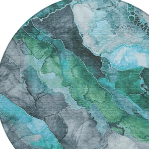 HomeRoots 5' Teal Blue and Ivory Floral Area Rug – Stylish, Durable, Machine Washable for Indoor/Outdoor Use 8' Round 623230