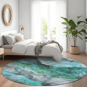 HomeRoots 5' Teal Blue and Ivory Floral Area Rug – Stylish, Durable, Machine Washable for Indoor/Outdoor Use 8' Round 623230