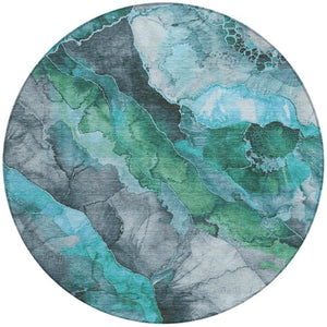 HomeRoots 5' Teal Blue and Ivory Floral Area Rug – Stylish, Durable, Machine Washable for Indoor/Outdoor Use 8' Round 623230