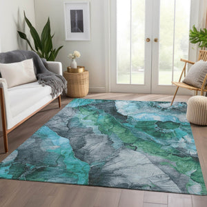 HomeRoots 5' Teal Blue and Ivory Floral Area Rug – Stylish, Durable, Machine Washable for Indoor/Outdoor Use 8' X 10' 623231