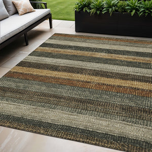 HomeRoots 5' Khaki and Gold Striped Washable Area Rug - Durable Indoor-Outdoor Elegance for Any Space 5' X 8' 623235