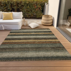 HomeRoots 5' Khaki and Gold Striped Washable Area Rug - Durable Indoor-Outdoor Elegance for Any Space 5' X 8' 623235