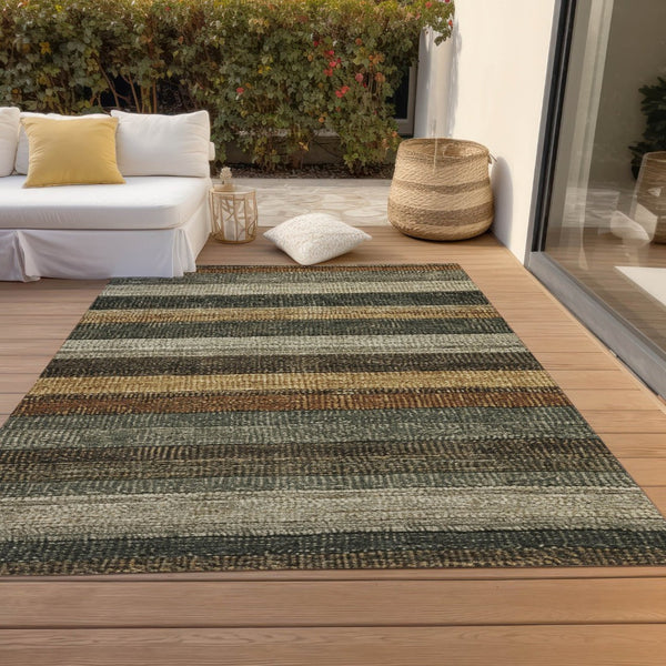 HomeRoots 5' Khaki and Gold Striped Washable Area Rug - Durable Indoor-Outdoor Elegance for Any Space 5' X 8' 623235