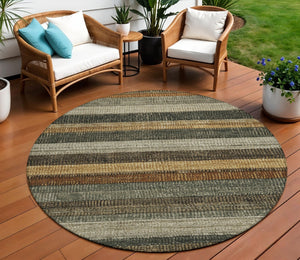 HomeRoots 5' Khaki and Gold Striped Washable Area Rug - Durable Indoor-Outdoor Elegance for Any Space 8' Round 623236