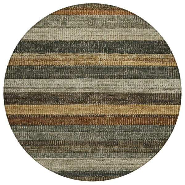HomeRoots 5' Khaki and Gold Striped Washable Area Rug - Durable Indoor-Outdoor Elegance for Any Space 8' Round 623236