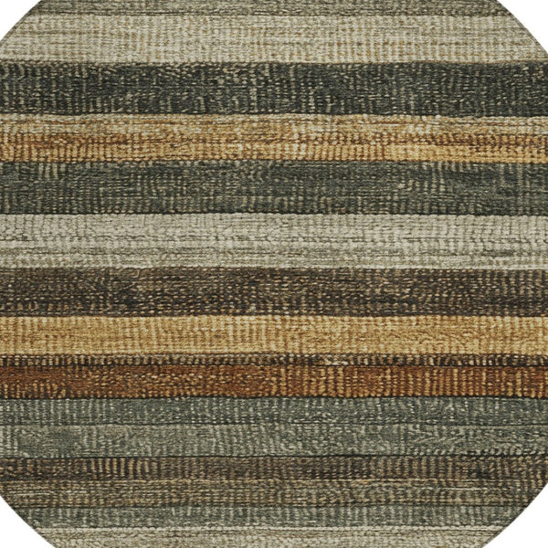 HomeRoots 5' Khaki and Gold Striped Washable Area Rug - Durable Indoor-Outdoor Elegance for Any Space 8' Round 623236