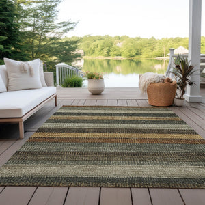 HomeRoots 5' Khaki and Gold Striped Washable Area Rug - Durable Indoor-Outdoor Elegance for Any Space 8' X 10' 623237