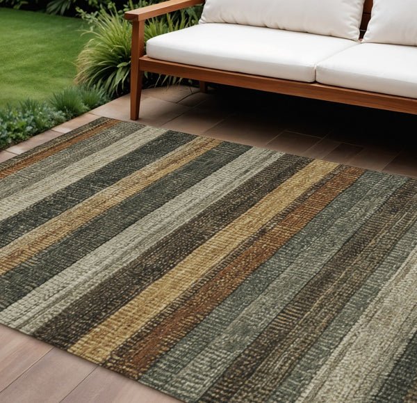 HomeRoots 5' Khaki and Gold Striped Washable Area Rug - Durable Indoor-Outdoor Elegance for Any Space 9' X 12' 623238