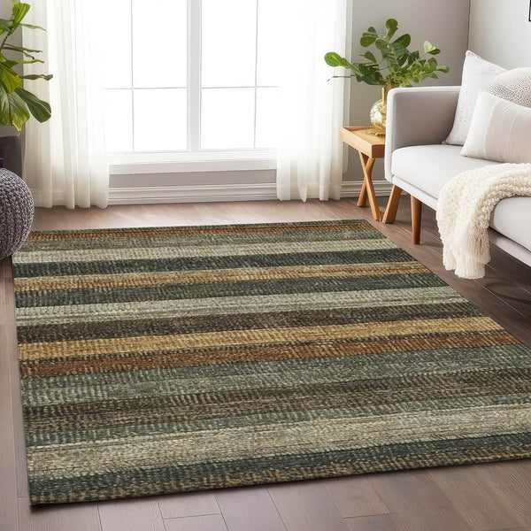 HomeRoots 5' Khaki and Gold Striped Washable Area Rug - Durable Indoor-Outdoor Elegance for Any Space 9' X 12' 623238