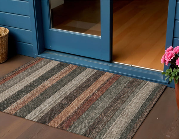 HomeRoots 5' Khaki and Gold Striped Washable Area Rug - Durable Indoor-Outdoor Elegance for Any Space 10' X 14' 623239