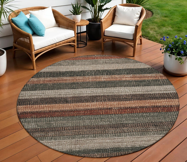 HomeRoots 5' Striped Washable Area Rug in Rust and Taupe – Durable Indoor/Outdoor Design for High-Traffic Spaces 8' Round 623242