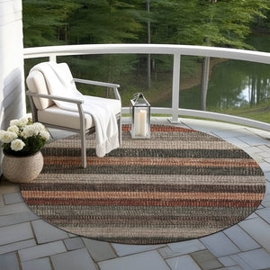 HomeRoots 5' Striped Washable Area Rug in Rust and Taupe – Durable Indoor/Outdoor Design for High-Traffic Spaces 8' Round 623242