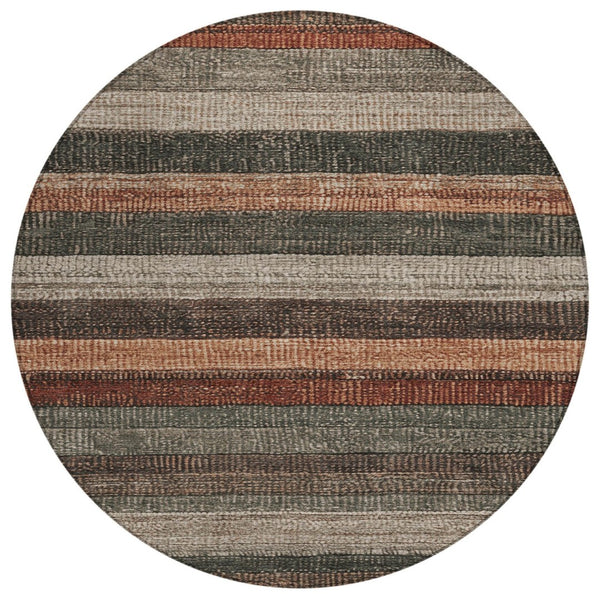 HomeRoots 5' Striped Washable Area Rug in Rust and Taupe – Durable Indoor/Outdoor Design for High-Traffic Spaces 8' Round 623242