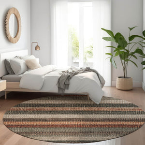 HomeRoots 5' Striped Washable Area Rug in Rust and Taupe – Durable Indoor/Outdoor Design for High-Traffic Spaces 8' Round 623242
