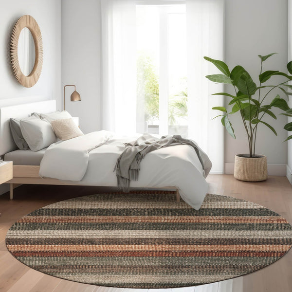 HomeRoots 5' Striped Washable Area Rug in Rust and Taupe – Durable Indoor/Outdoor Design for High-Traffic Spaces 8' Round 623242