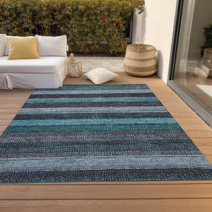 HomeRoots 5' Striped Teal Blue and Gray Washable Area Rug for Indoor/Outdoor Use - Durable, Stylish & Easy Care 5' X 8' 623247