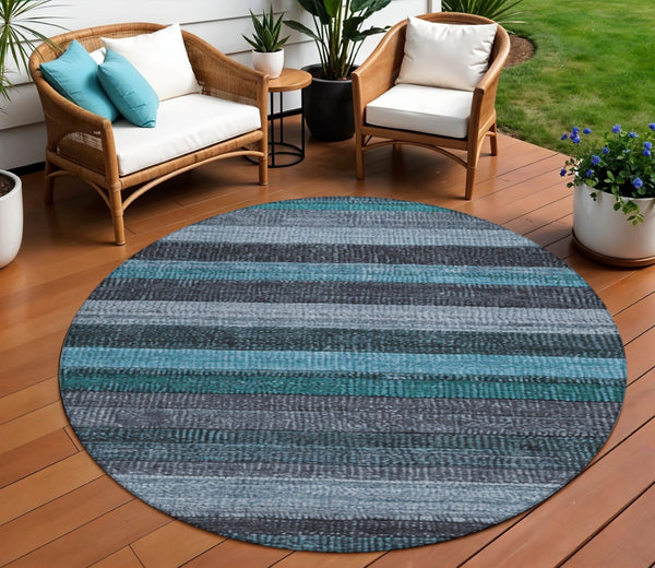 HomeRoots 5' Striped Teal Blue and Gray Washable Area Rug for Indoor/Outdoor Use - Durable, Stylish & Easy Care 8' Round 623248