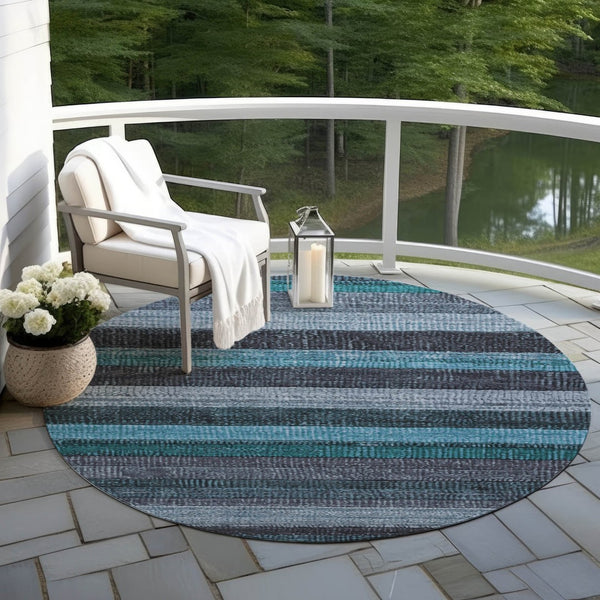 HomeRoots 5' Striped Teal Blue and Gray Washable Area Rug for Indoor/Outdoor Use - Durable, Stylish & Easy Care 8' Round 623248