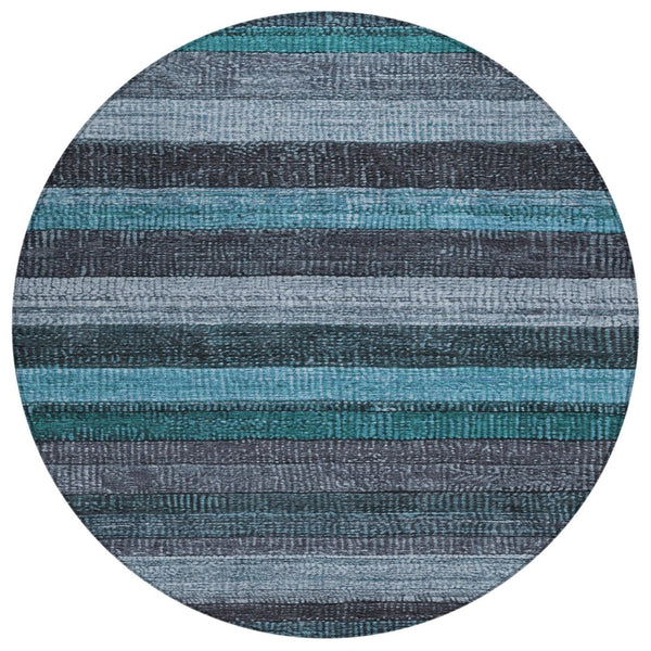HomeRoots 5' Striped Teal Blue and Gray Washable Area Rug for Indoor/Outdoor Use - Durable, Stylish & Easy Care 8' Round 623248