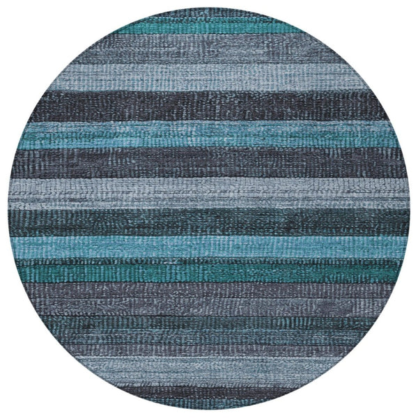 HomeRoots 5' Striped Teal Blue and Gray Washable Area Rug for Indoor/Outdoor Use - Durable, Stylish & Easy Care 8' Round 623248