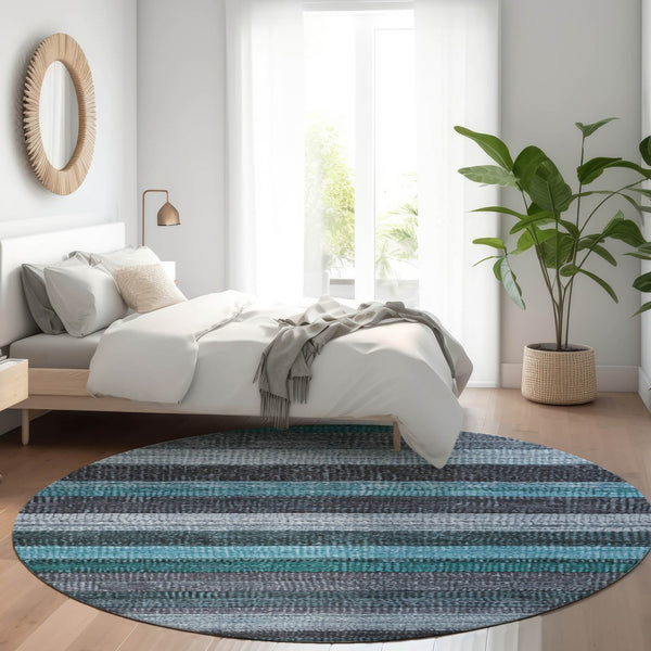 HomeRoots 5' Striped Teal Blue and Gray Washable Area Rug for Indoor/Outdoor Use - Durable, Stylish & Easy Care 8' Round 623248