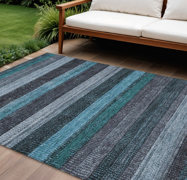 HomeRoots 5' Striped Teal Blue and Gray Washable Area Rug for Indoor/Outdoor Use - Durable, Stylish & Easy Care 8' X 10' 623249