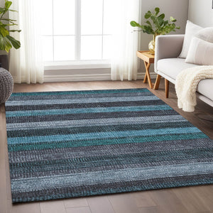 HomeRoots 5' Striped Teal Blue and Gray Washable Area Rug for Indoor/Outdoor Use - Durable, Stylish & Easy Care 8' X 10' 623249