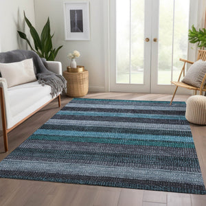 HomeRoots 5' Striped Teal Blue and Gray Washable Area Rug for Indoor/Outdoor Use - Durable, Stylish & Easy Care 8' X 10' 623249