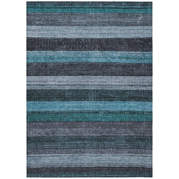 HomeRoots 5' Striped Teal Blue and Gray Washable Area Rug for Indoor/Outdoor Use - Durable, Stylish & Easy Care 9' X 12' 623250