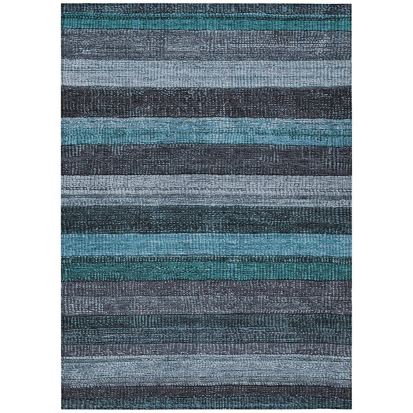 HomeRoots 5' Striped Teal Blue and Gray Washable Area Rug for Indoor/Outdoor Use - Durable, Stylish & Easy Care 9' X 12' 623250