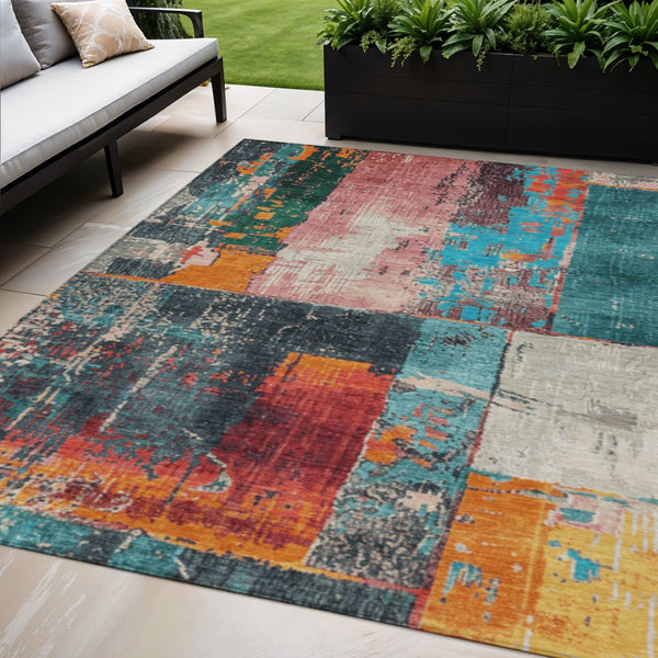 HomeRoots 5' Teal Blue and Orange Abstract Area Rug – Vibrant, Washable, Indoor/Outdoor, Stain-Resistant Design 5' X 8' 623265