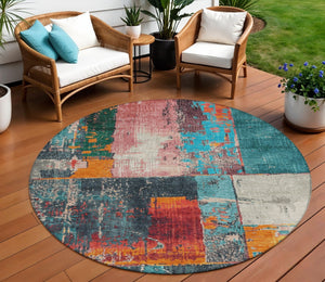 HomeRoots 5' Teal Blue and Orange Abstract Area Rug – Vibrant, Washable, Indoor/Outdoor, Stain-Resistant Design 8' Round 623266
