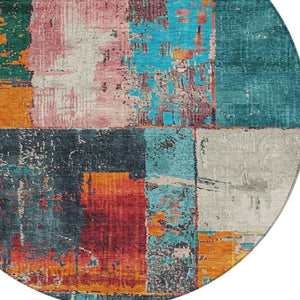 HomeRoots 5' Teal Blue and Orange Abstract Area Rug – Vibrant, Washable, Indoor/Outdoor, Stain-Resistant Design 8' Round 623266
