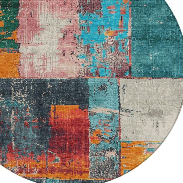 HomeRoots 5' Teal Blue and Orange Abstract Area Rug – Vibrant, Washable, Indoor/Outdoor, Stain-Resistant Design 8' Round 623266