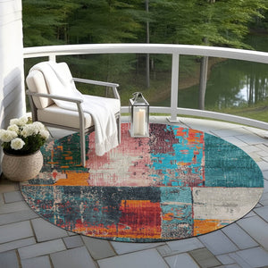 HomeRoots 5' Teal Blue and Orange Abstract Area Rug – Vibrant, Washable, Indoor/Outdoor, Stain-Resistant Design 8' Round 623266