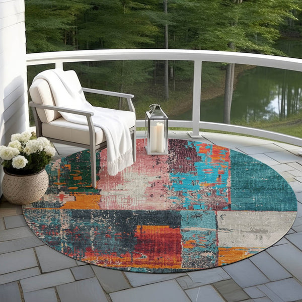 HomeRoots 5' Teal Blue and Orange Abstract Area Rug – Vibrant, Washable, Indoor/Outdoor, Stain-Resistant Design 8' Round 623266