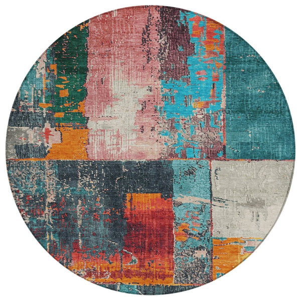 HomeRoots 5' Teal Blue and Orange Abstract Area Rug – Vibrant, Washable, Indoor/Outdoor, Stain-Resistant Design 8' Round 623266