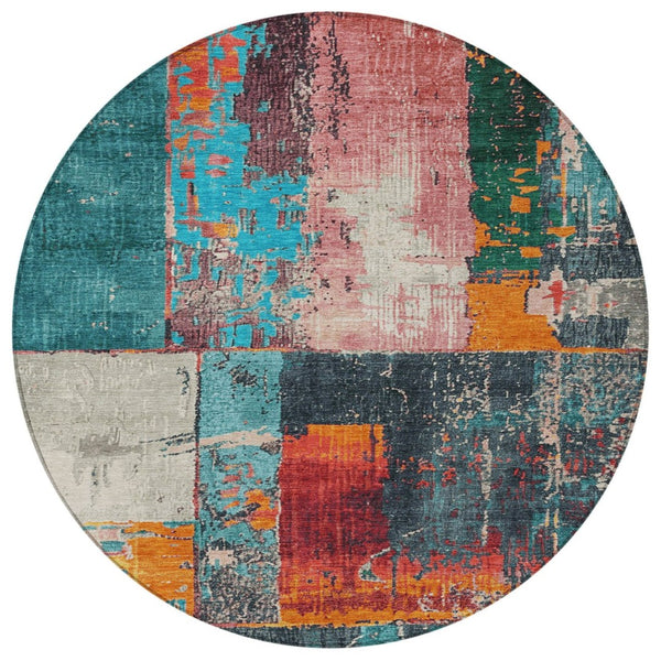 HomeRoots 5' Teal Blue and Orange Abstract Area Rug – Vibrant, Washable, Indoor/Outdoor, Stain-Resistant Design 8' Round 623266
